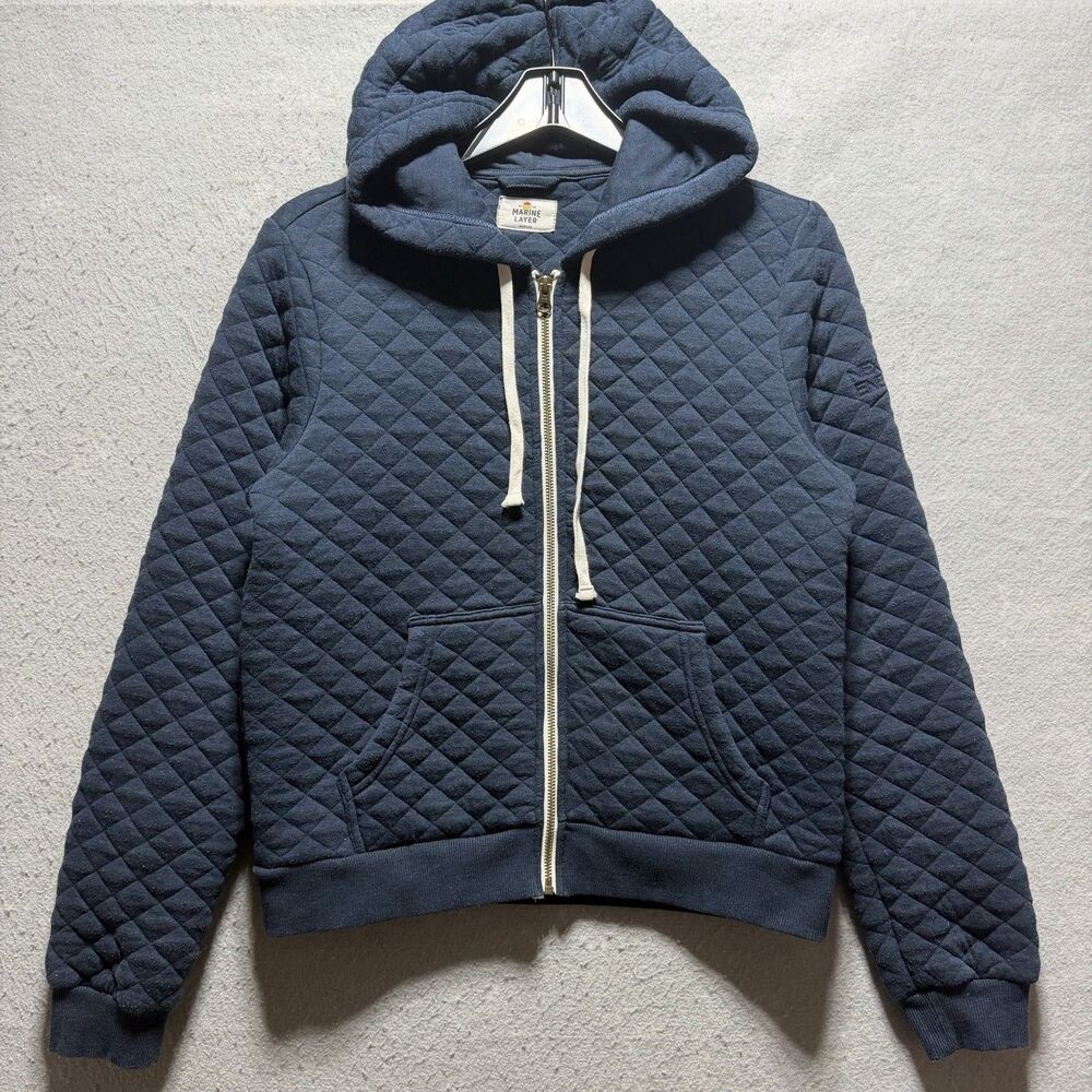 Marine Layer Corbet Hoodie Jacket Women’s Medium Quilted Full-Zip Navy Comp Logo